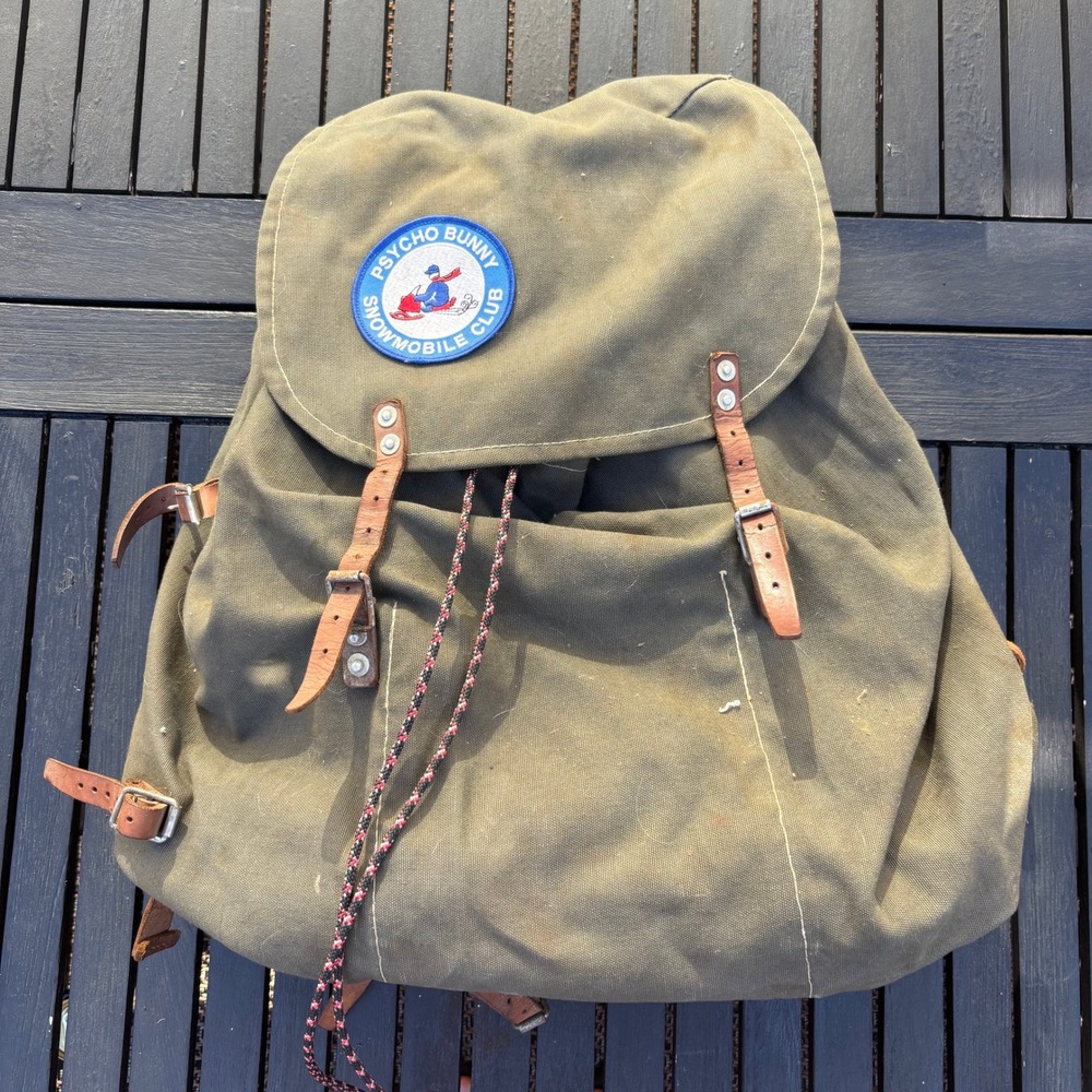 Psycho Bunny Rucksack Backpack Unisex Large Olive Green Good Vintage Canvas Bag